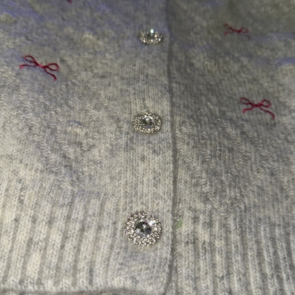 Jessica Simpson gray pink bow bling crystal button cardigan sweater 🎀🎀🎀 💎💎 - Picture 5 of 11